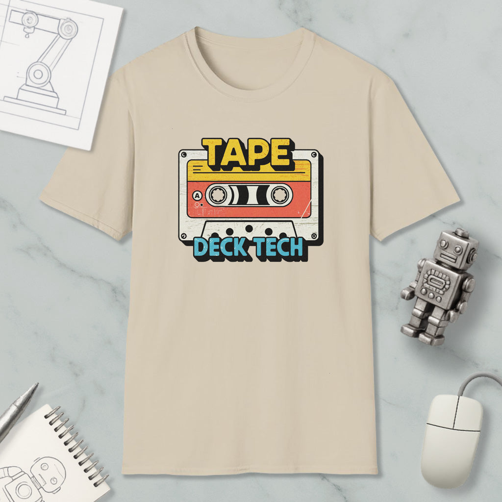 a beige t-shirt with a graphic design of a cassette tape and the text "TAPE Deck Tech" printed on it, along with a small robot and a computer mouse.
