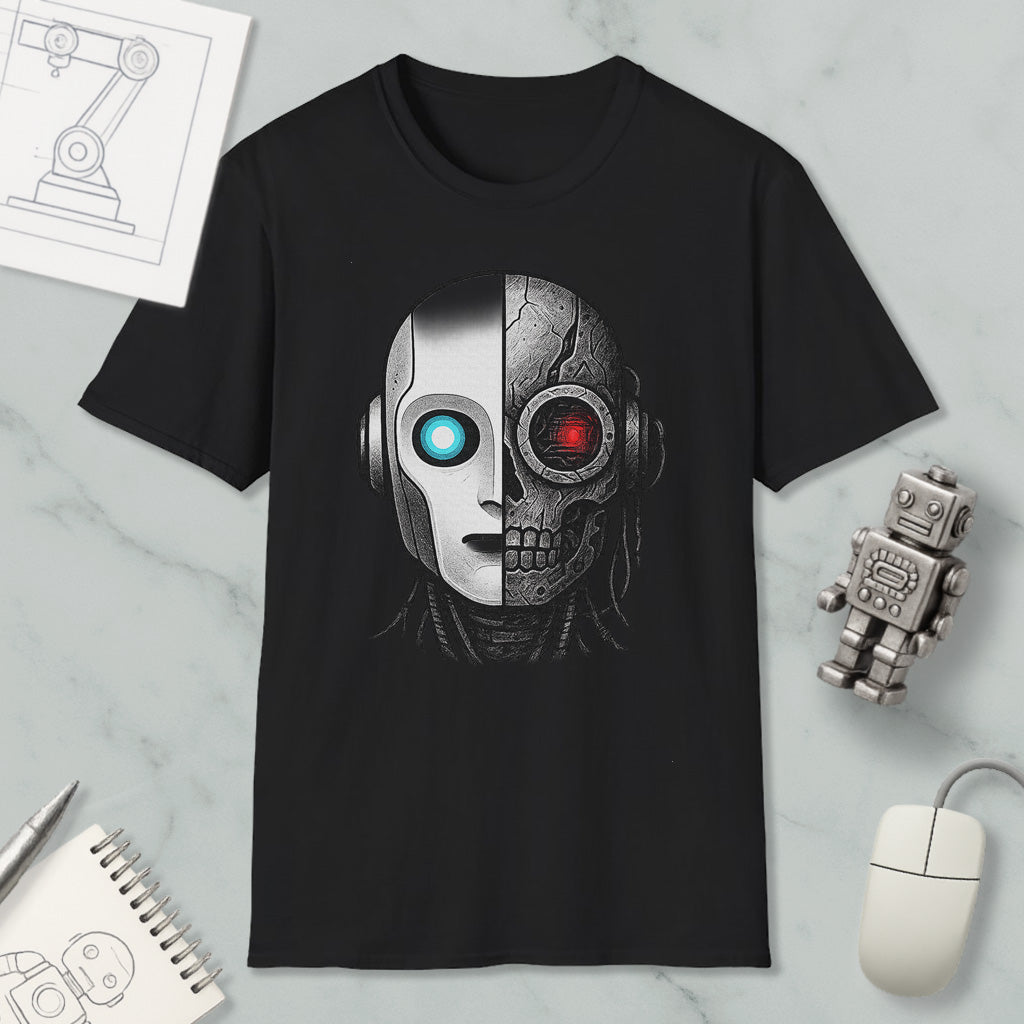 a black t-shirt with a graphic design depicting a robot or cyborg face with a split face, one half appearing to be a human face and the other half a robot or cyborg face with glowing red eyes.