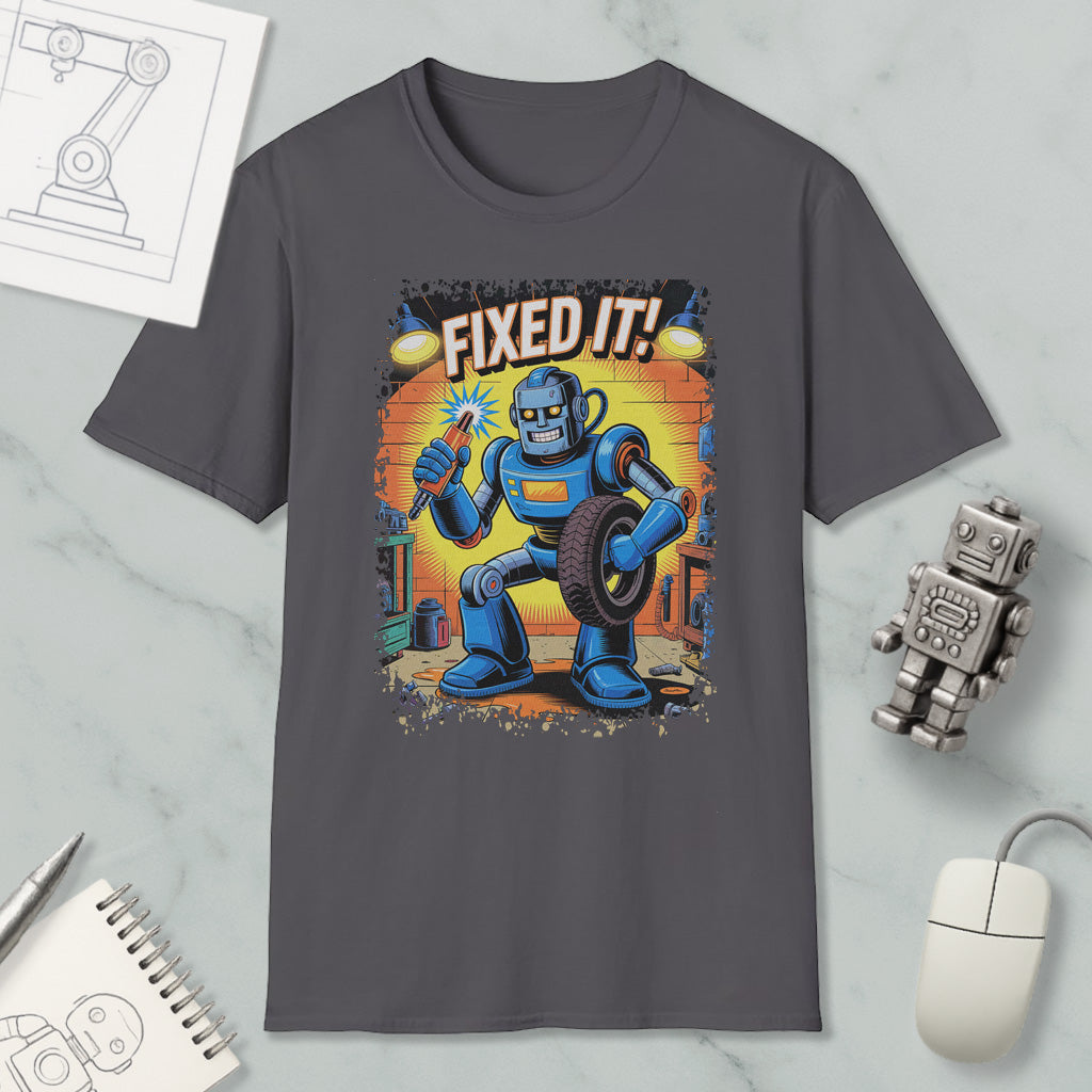 a gray t-shirt with a graphic design depicting a robot holding a wrench and the text "FIXED IT!"