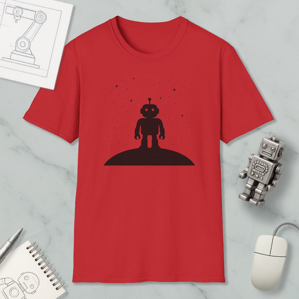 a red t-shirt with a black silhouette of a robot standing on a hill, surrounded by stars, and a small robot figurine is placed next to it.