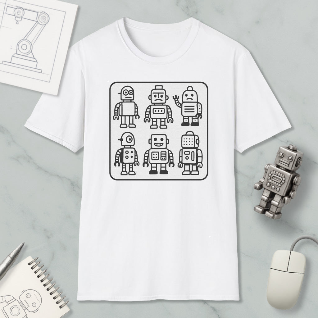a white t-shirt with a graphic design of six different robot characters, including a robot with a robot head, a robot with a robot arm, and a robot with a robot body. The t-shirt is displayed on a marble surface, along with a computer mouse, a notebook, and a pen.