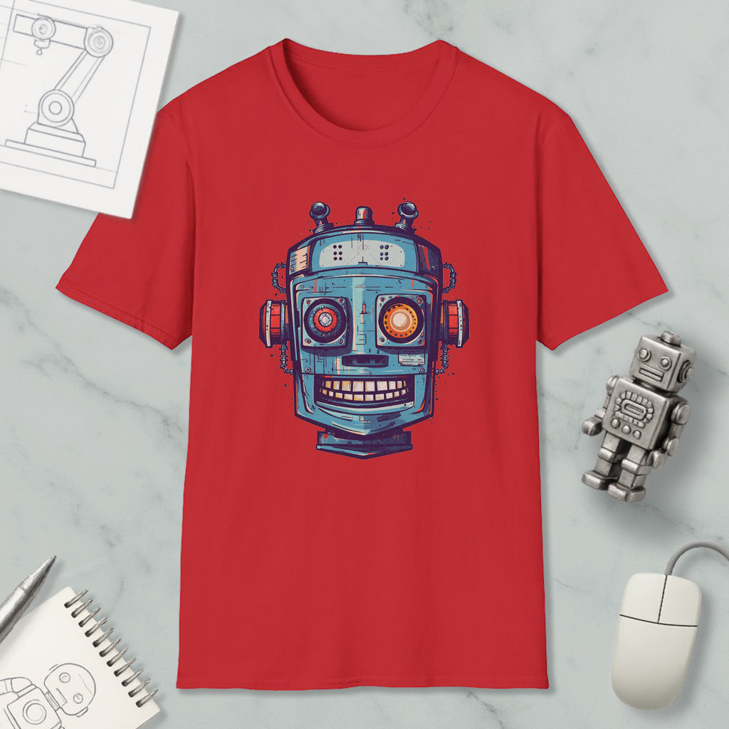a red t-shirt with a robot design, along with a computer mouse, a notebook, and a pen on a marble surface.