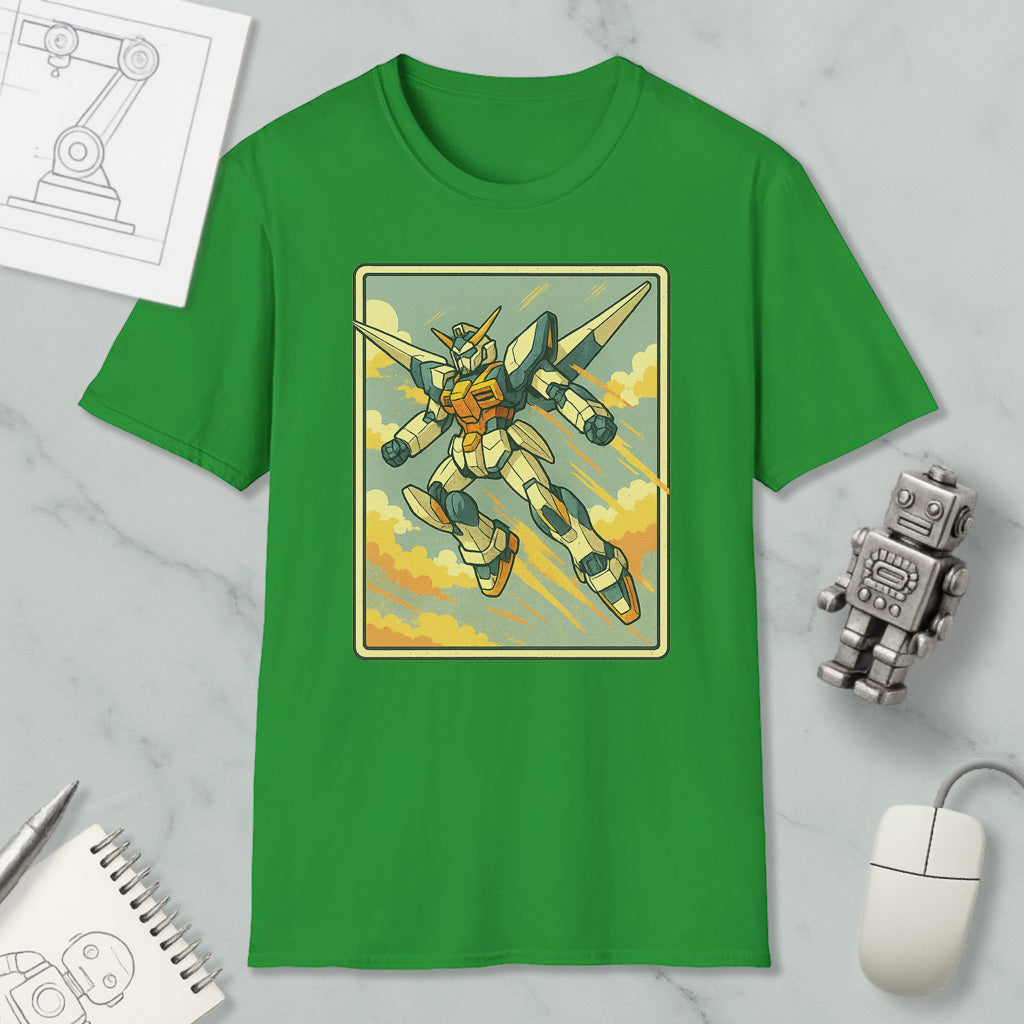 a green t-shirt with a graphic of a robot or character, along with various objects such as a computer mouse, a notebook, and a robot figurine.