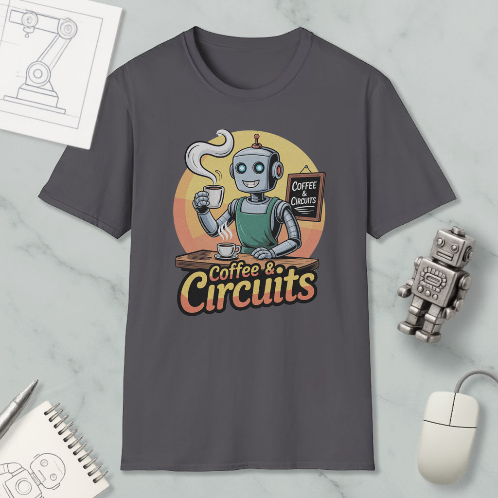a gray t-shirt with a graphic design depicting a robot holding a cup of coffee and a sign that says "Coffee & Circuits". The t-shirt is displayed on a marble surface, along with a computer mouse, a notebook, and a small robot figurine.