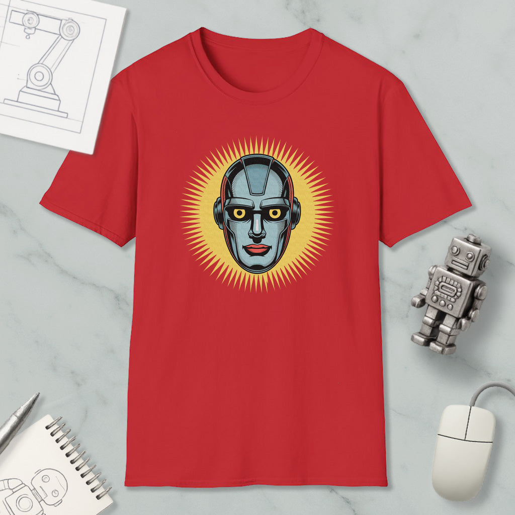 a red t-shirt with a graphic design of a robot's face, surrounded by various objects such as a computer mouse, a notebook, and a pen.