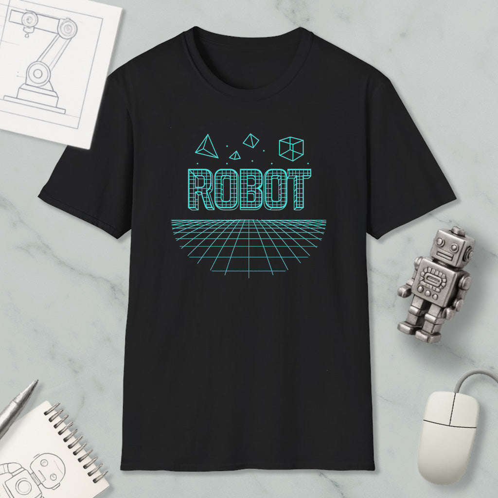 a black t-shirt with a graphic design of a robot and geometric shapes, along with a computer mouse and a notebook.