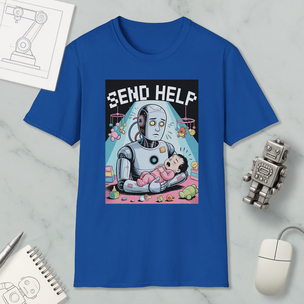 a blue t-shirt with a cartoon illustration of a robot holding a baby, surrounded by various objects such as a computer mouse, a notebook, and a robot toy.