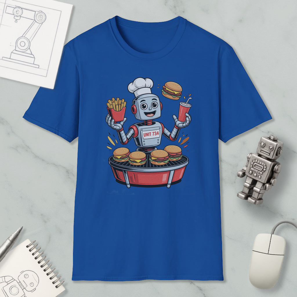 A blue t-shirt with a cartoon robot chef preparing and serving burgers and fries, accompanied by a computer mouse and other office supplies.