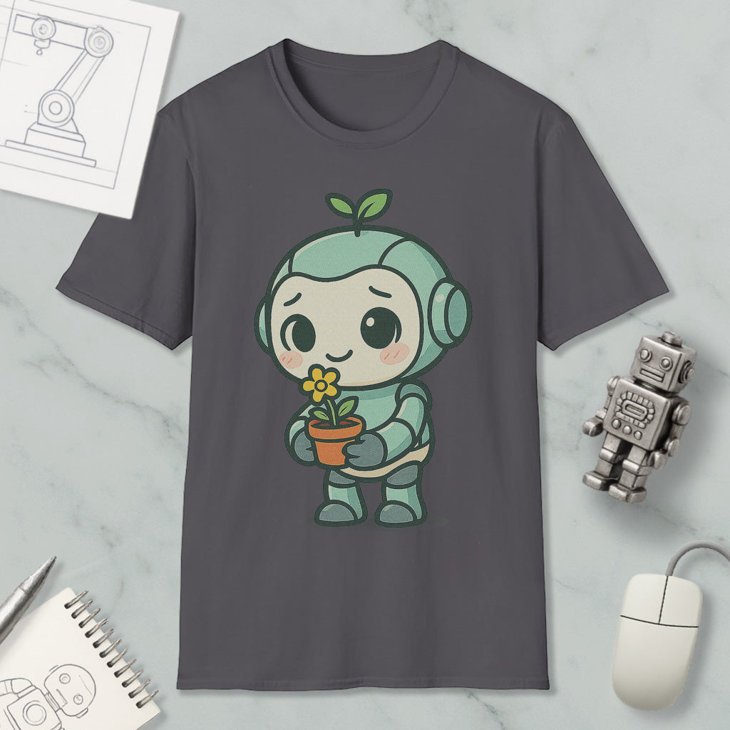 a gray t-shirt with a cartoon robot holding a flower, surrounded by various objects such as a computer mouse, a notebook, and a small robot.