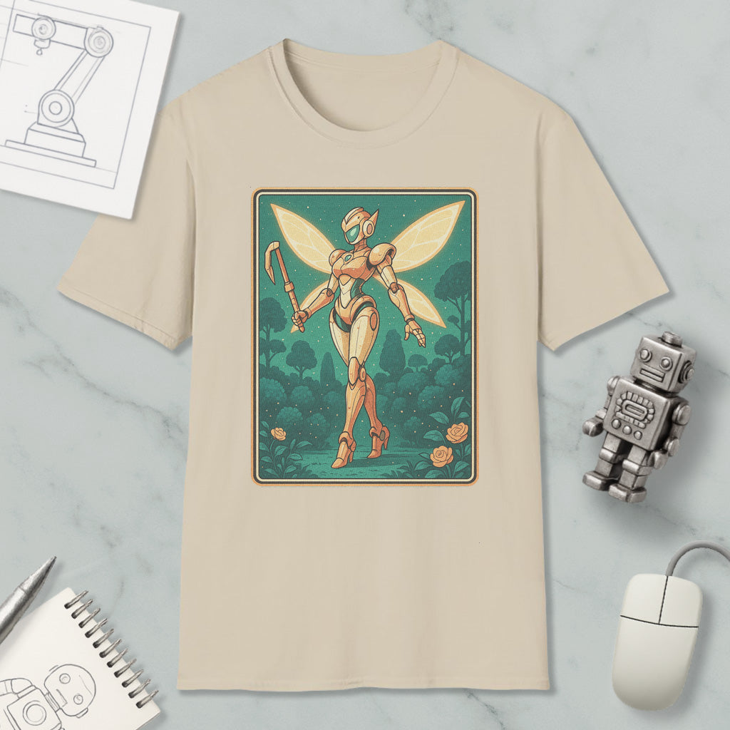 a t-shirt with a graphic design depicting a fairy-like figure with wings and a robot-like body, surrounded by a forest-like environment.