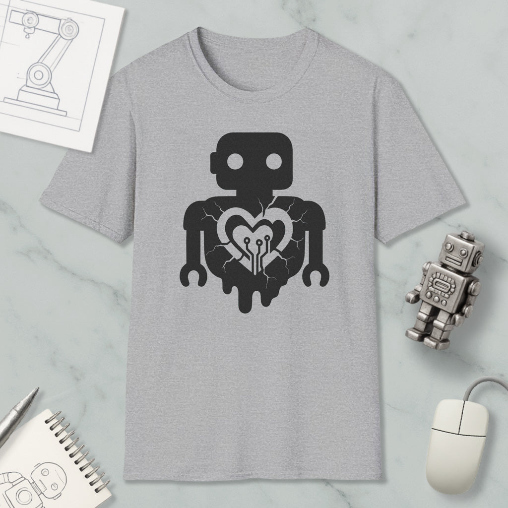 a gray t-shirt with a black graphic design depicting a robot with a heart symbol, surrounded by various objects such as a computer mouse, a notebook, and a small robot figurine.