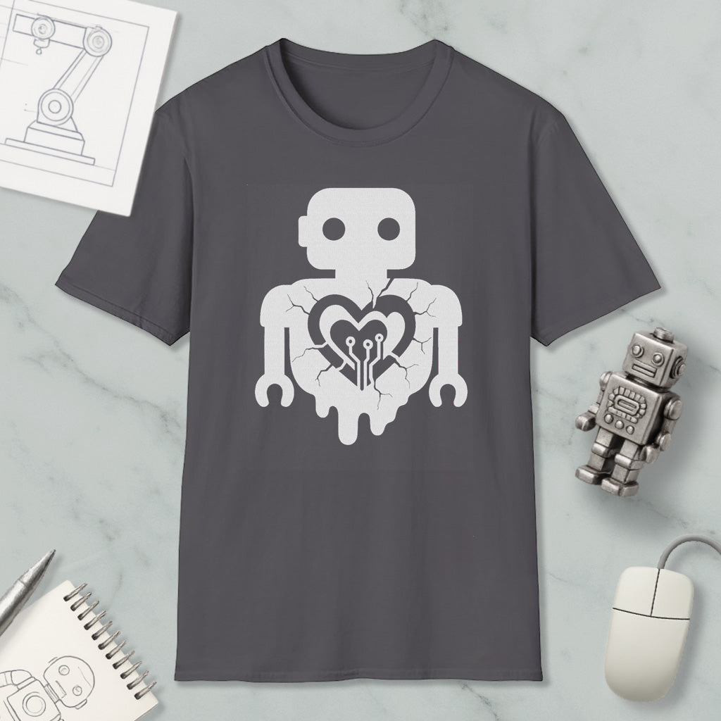 a gray t-shirt with a white graphic design depicting a robot with a heart symbol inside its chest. The t-shirt is placed on a marble surface, along with a computer mouse, a notebook, and a small robot figurine.