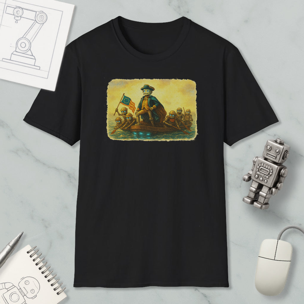 a black t-shirt with a graphic design depicting a man on a boat, surrounded by other people, with an American flag visible. The t-shirt is placed on a marble surface, along with a computer mouse, a notepad, and a small robot figurine.