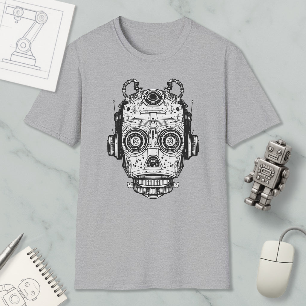 a gray t-shirt with a black and white illustration of a robot or machine head, along with various objects such as a computer mouse, a notebook, and a pen.