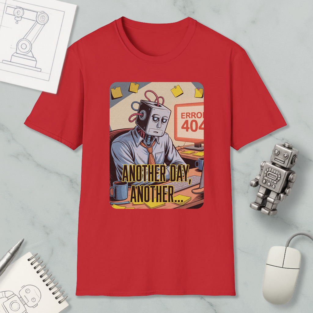 a red t-shirt with a graphic design depicting a robot or robot-like figure sitting at a desk with a computer, surrounded by various objects such as a mouse, a pen, and a notebook.