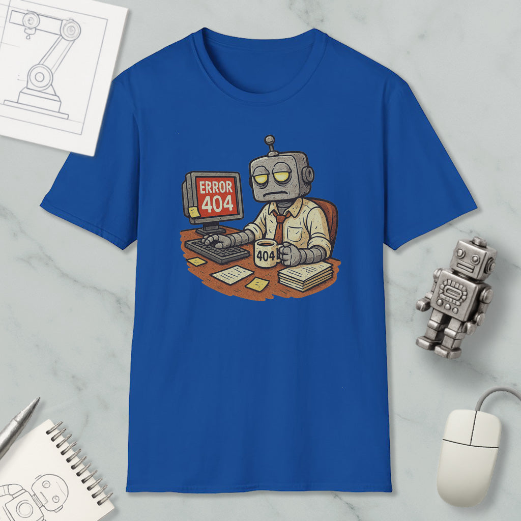 a blue t-shirt with a cartoon robot sitting at a desk, working on a computer, and displaying an error message that reads " Error 404". The t-shirt is surrounded by various objects, including a computer mouse, a pen, and a notebook.