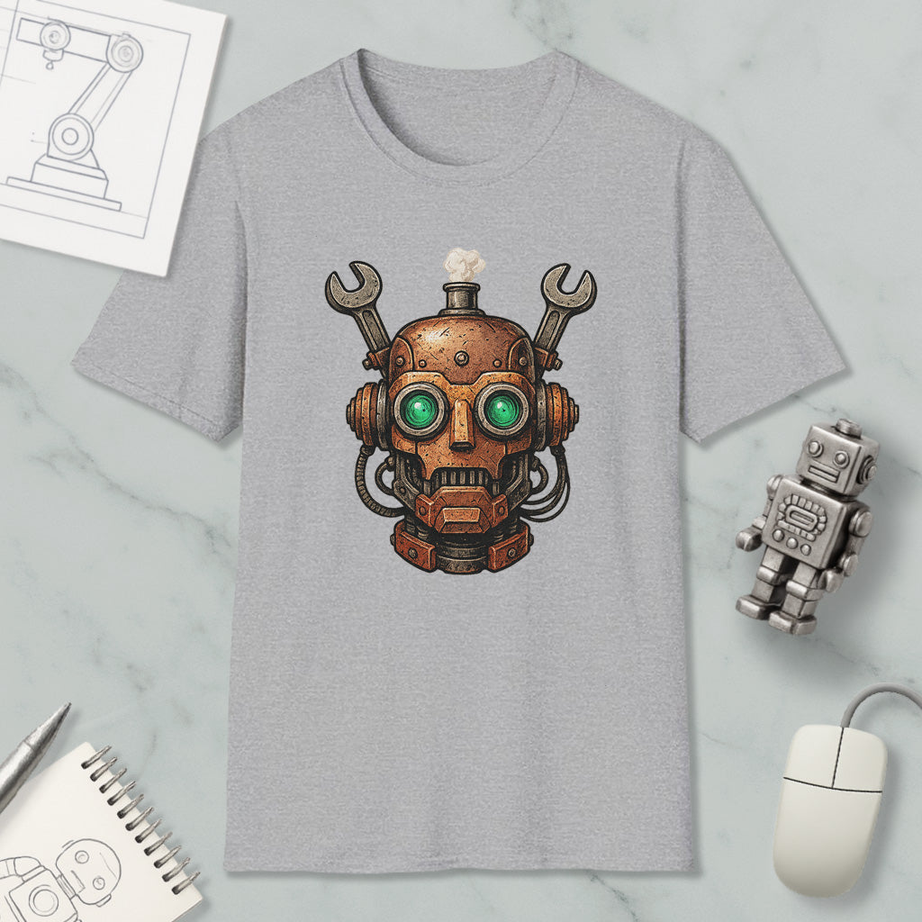 a gray t-shirt with a robot head design, surrounded by various objects such as a computer mouse, a notebook, and a drawing of a machine.