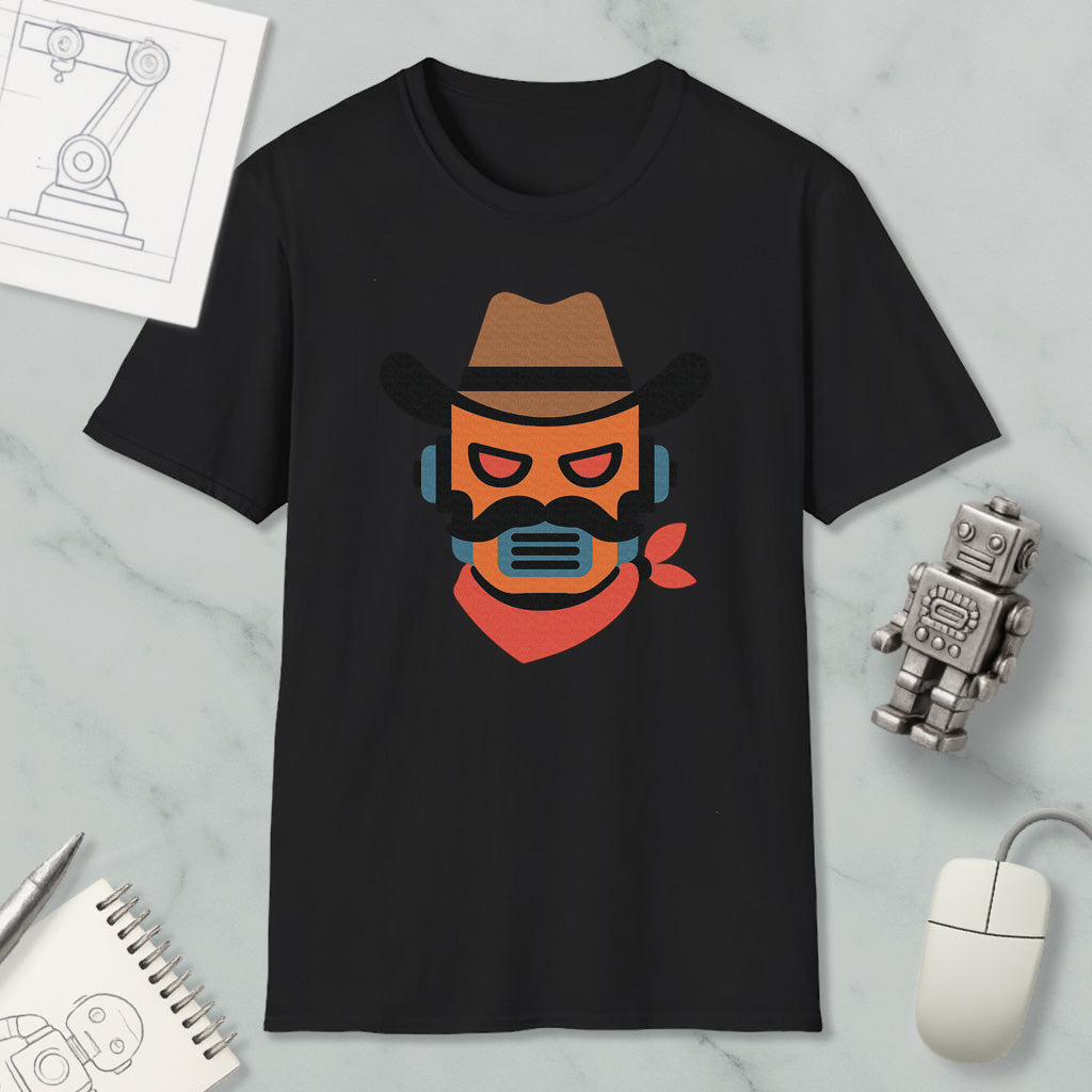 a black t-shirt with a graphic design of a cowboy hat and a red bandana, along with a small robot and a computer mouse.