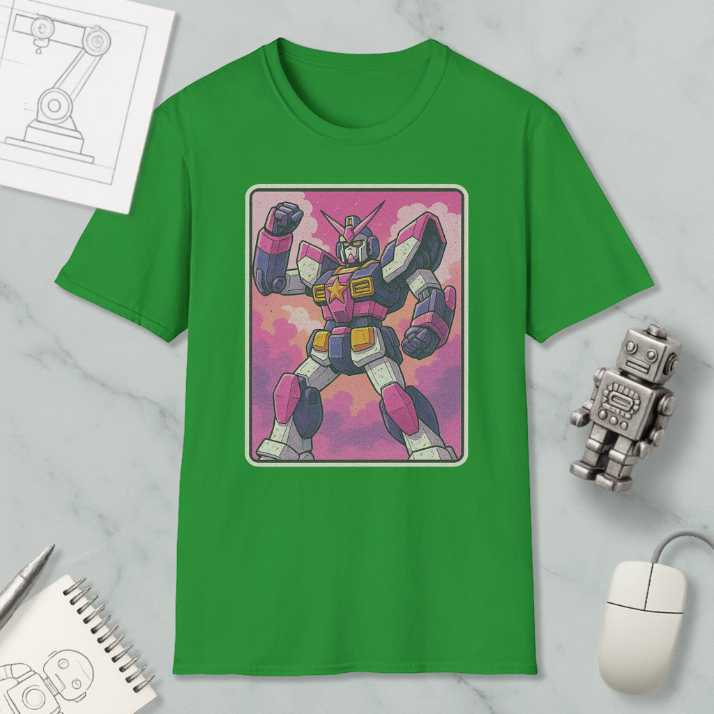 a green t-shirt with a colorful illustration of a robot or mechanical figure, along with various objects such as a computer mouse, a notebook, and a pen.