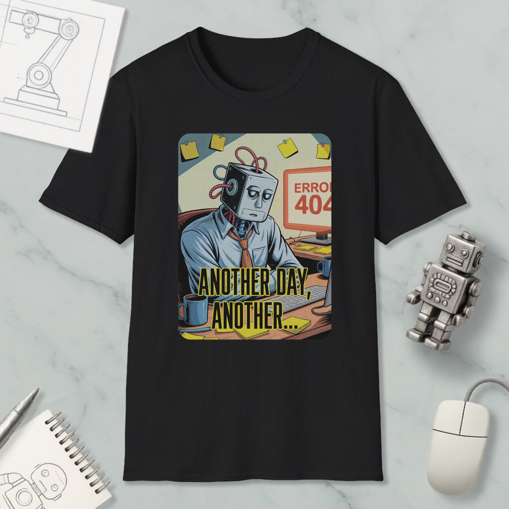 a black t-shirt with a graphic design depicting a robot or machine with a sad expression, surrounded by various objects such as a computer mouse, a notebook, and a pen.