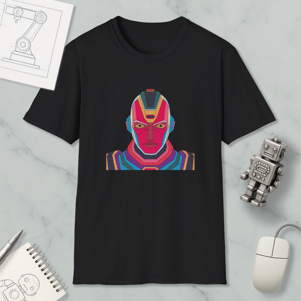 a black t-shirt with a colorful graphic design of a robot or character on it, along with various objects such as a computer mouse, a notebook, and a pen.