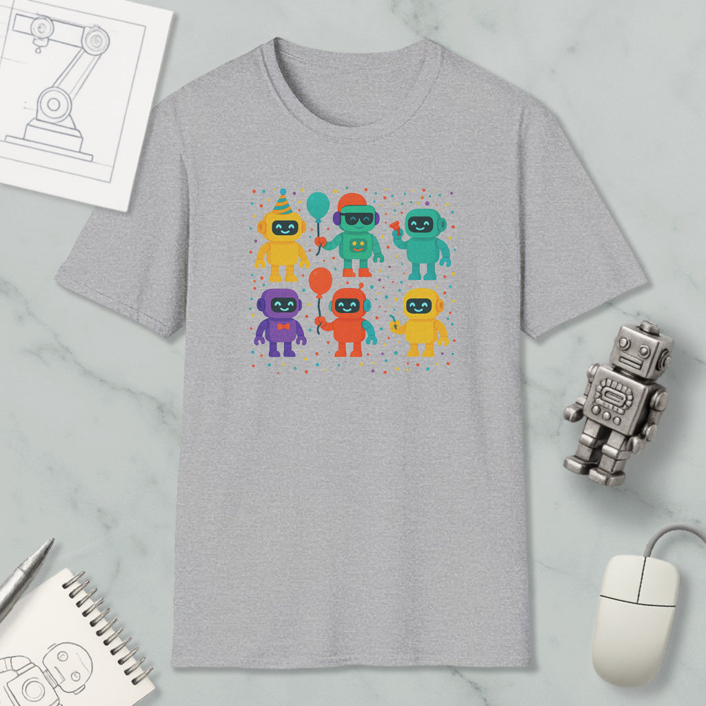 a gray t-shirt with a colorful graphic of six robots, each holding a balloon, arranged in a square pattern. The t-shirt is placed on a marble surface, along with a computer mouse, a notepad, and a small robot figurine.
