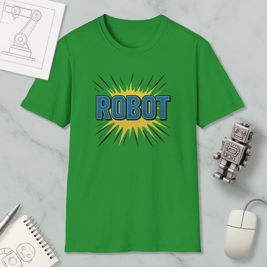 a green t-shirt with a graphic design of a robot, along with various objects such as a computer mouse, a notebook, and a sketch of a robot.