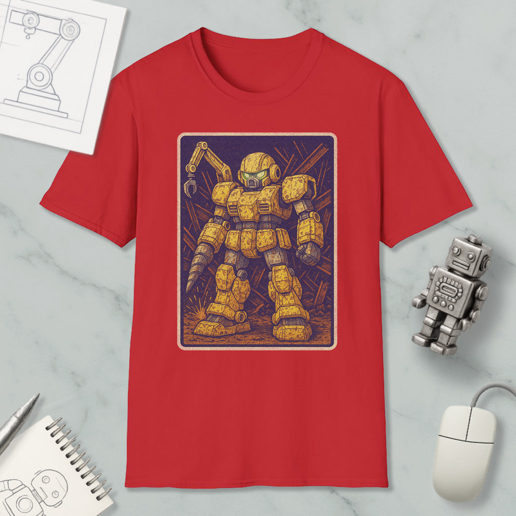 a red t-shirt with a graphic of a yellow robot or robot-like figure, along with various objects such as a computer mouse, a pen, and a notebook.