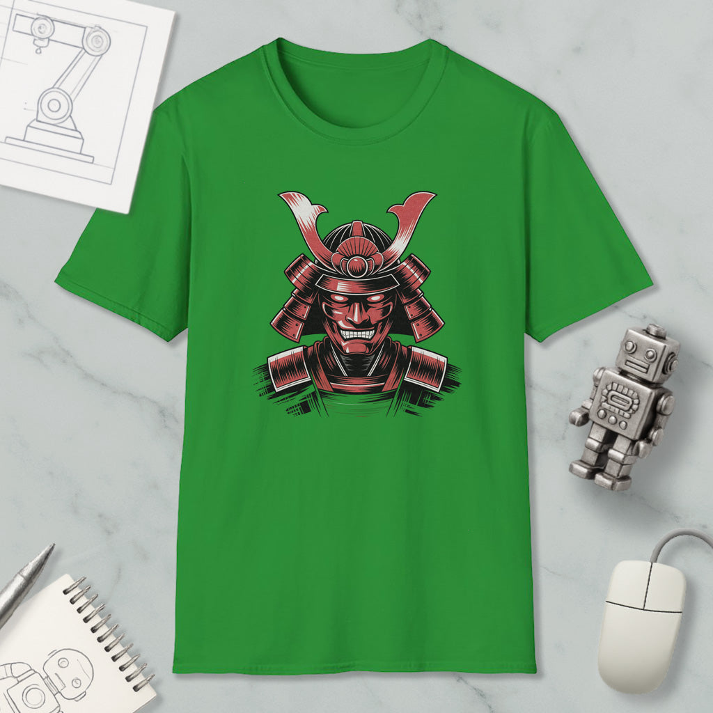 a green t-shirt with a red and black illustration of a warrior or knight on it, along with a computer mouse, a notebook, and a robot figurine.