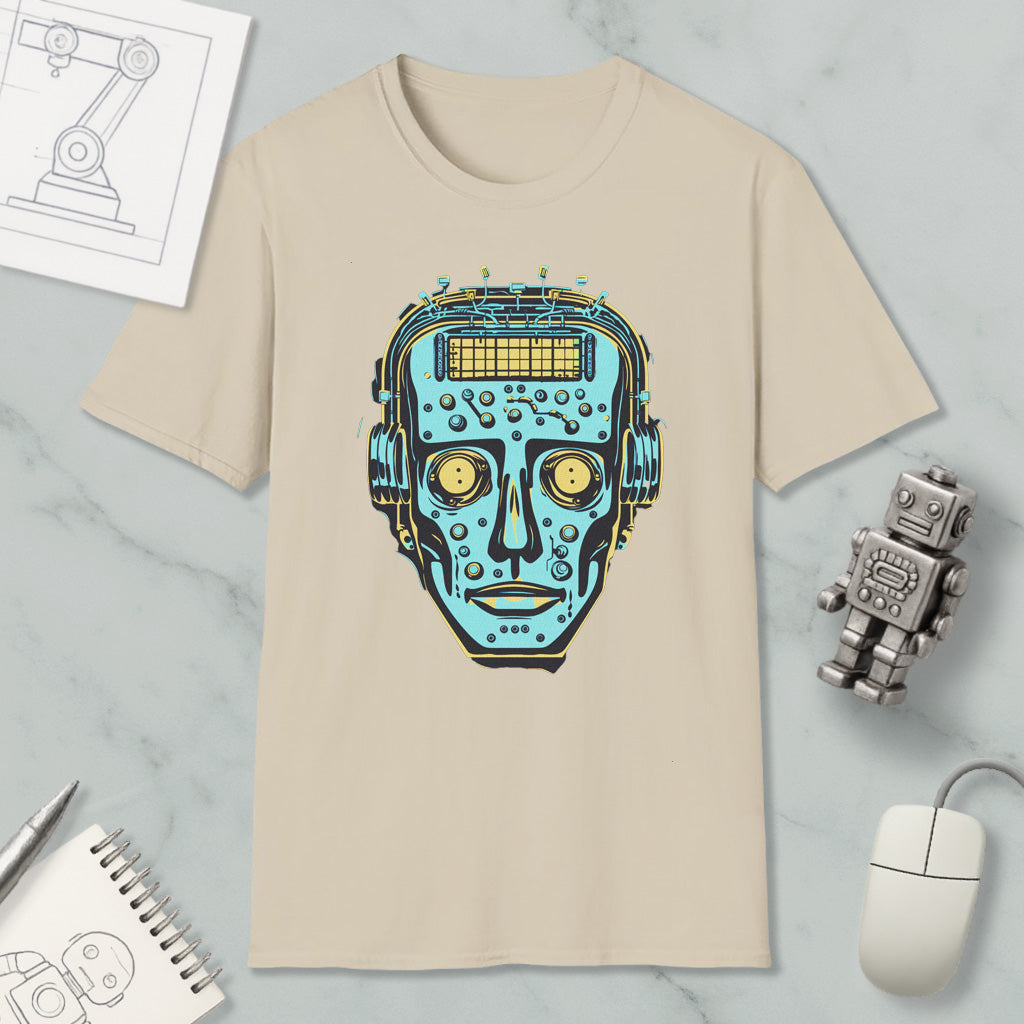 a beige t-shirt with a graphic design of a robot's face, surrounded by various objects such as a computer mouse, a pen, and a notebook.