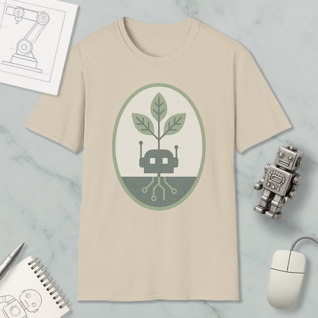 a beige t-shirt with a green and white graphic design, a small robot, a computer mouse, and a notebook on a marble surface.