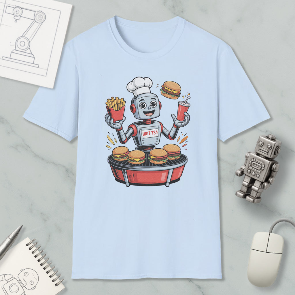 A light blue t-shirt with a cartoon robot chef preparing and serving hamburgers and french fries.