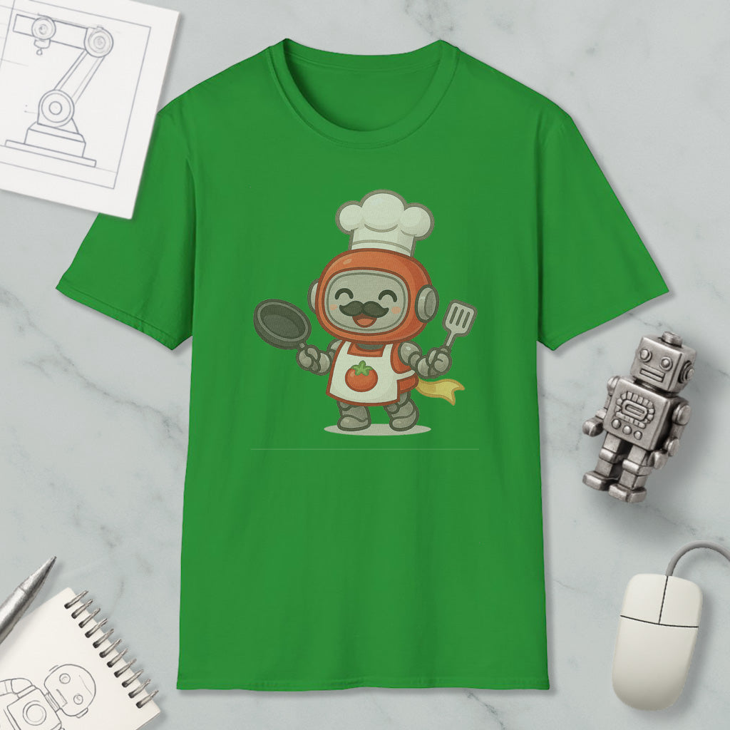 a green t-shirt with a cartoon robot chef wearing a chef's hat and holding a frying pan and spatula. The t-shirt is displayed on a marble surface, along with a computer mouse, a notebook, and a small robot figurine.