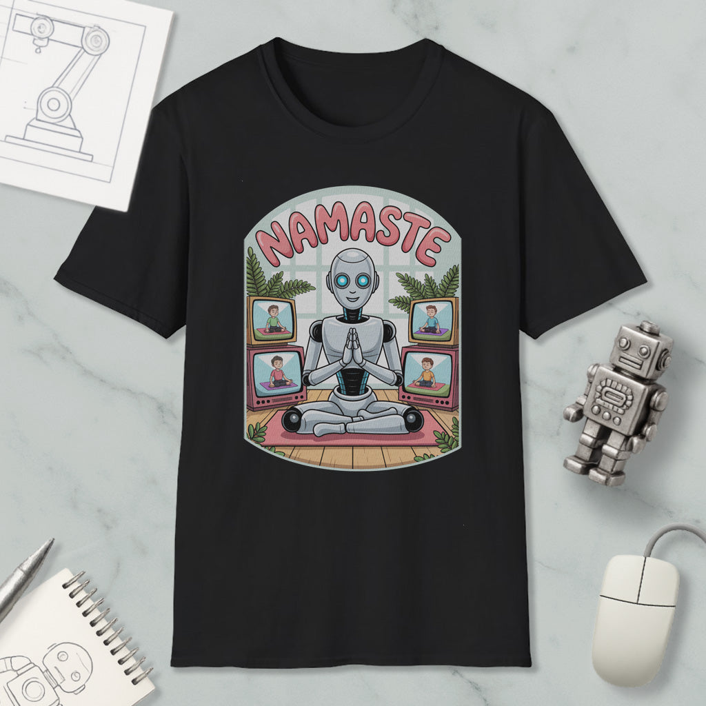 a black t-shirt with a graphic design depicting a robot sitting in a meditative pose, surrounded by various images of people.