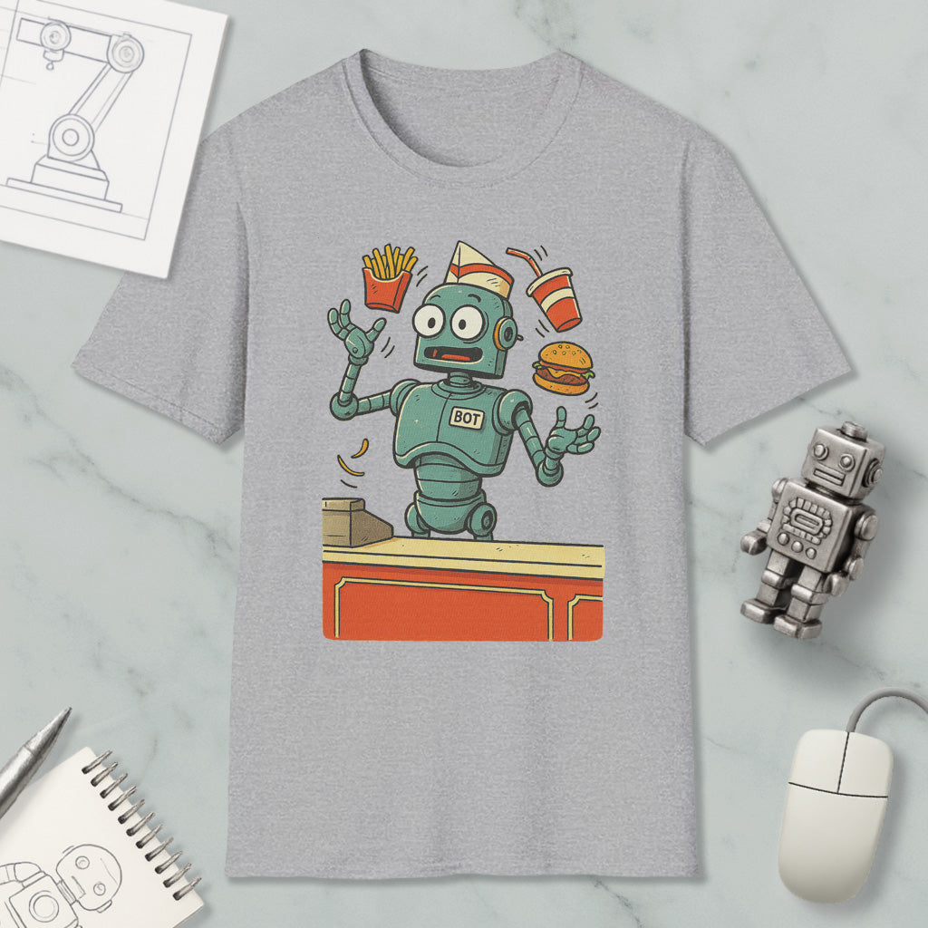a gray t-shirt with a cartoon robot character on it, surrounded by various objects such as a computer mouse, a notebook, and a toy robot.