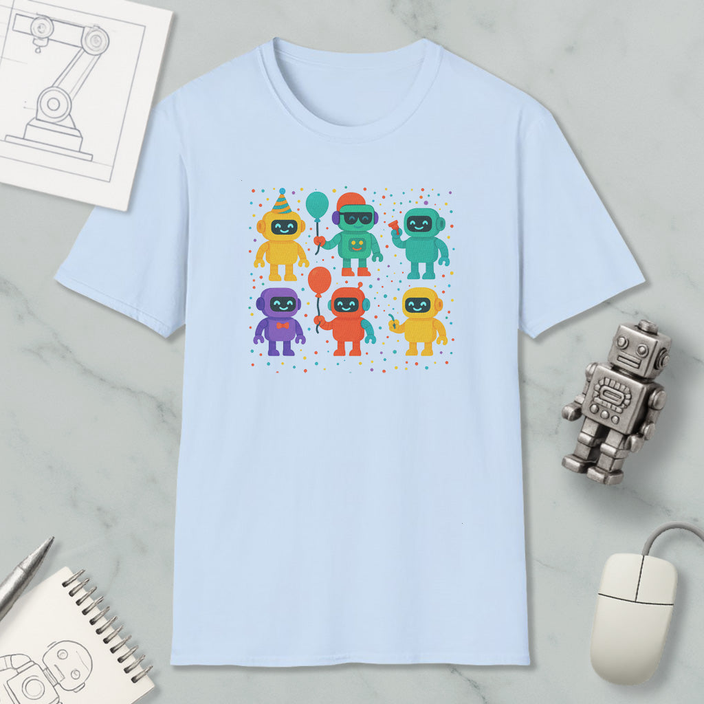 a light blue t-shirt with a colorful graphic of six cartoon robots, each holding a balloon and wearing a party hat. The t-shirt is displayed on a marble surface, along with a computer mouse, a spiral notebook, and a small robot figurine.