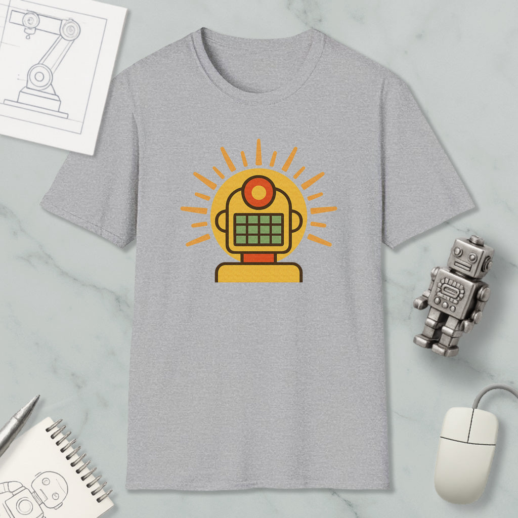 a gray t-shirt with a robot graphic on it, along with a computer mouse, a notebook, and a pen.