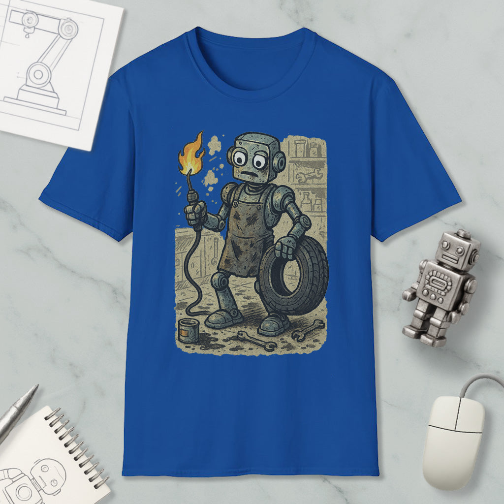 a blue t-shirt with a cartoon robot holding a tire and a lighter, surrounded by various objects such as a computer mouse, a notebook, and a sketch.