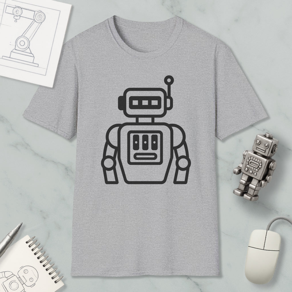 a gray t-shirt with a robot graphic, along with various objects such as a computer mouse, a notebook, and a drawing of a robot.