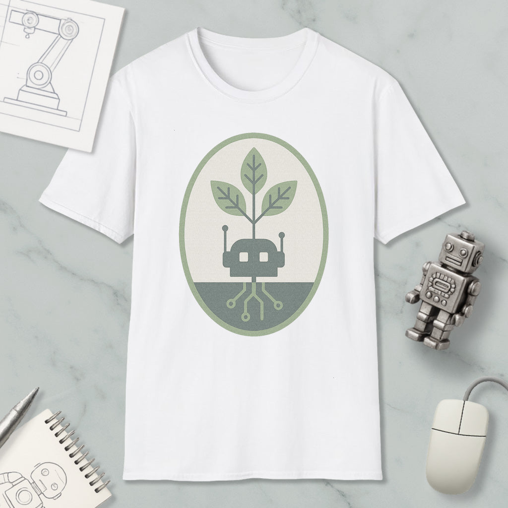 a white t-shirt with a graphic design of a plant growing out of a circuit board, surrounded by a green and gray oval. The t-shirt is placed on a marble surface, along with a small robot toy, a computer mouse, and a notebook.