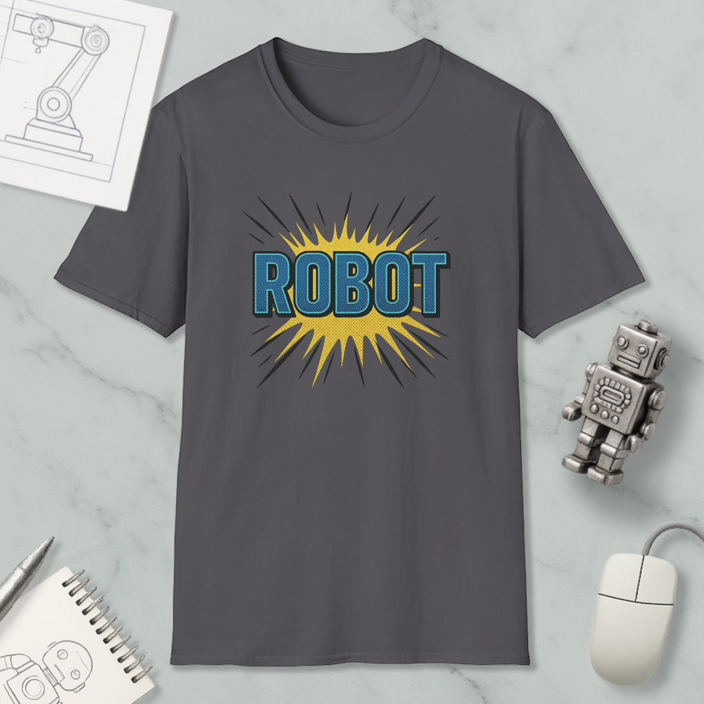 a gray t-shirt with a graphic design of a robot and a yellow explosion-like shape, along with a computer mouse and a notebook.