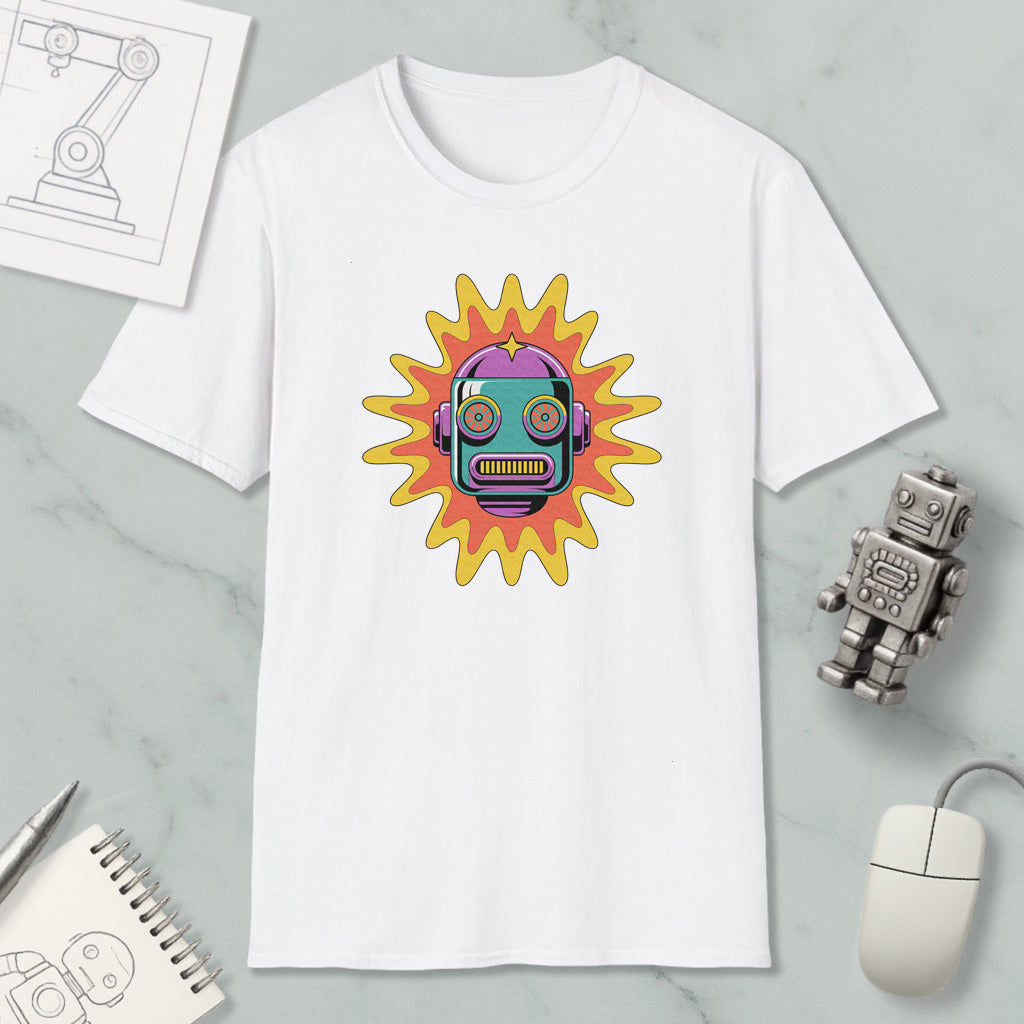 a white t-shirt with a colorful robot design, along with various objects such as a computer mouse, a notebook, and a sketch of a robot.