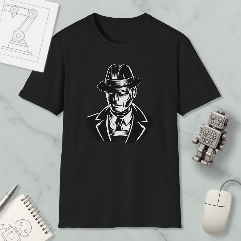 a black t-shirt with a graphic design of a man wearing a hat and suit, along with a computer mouse and other office supplies.