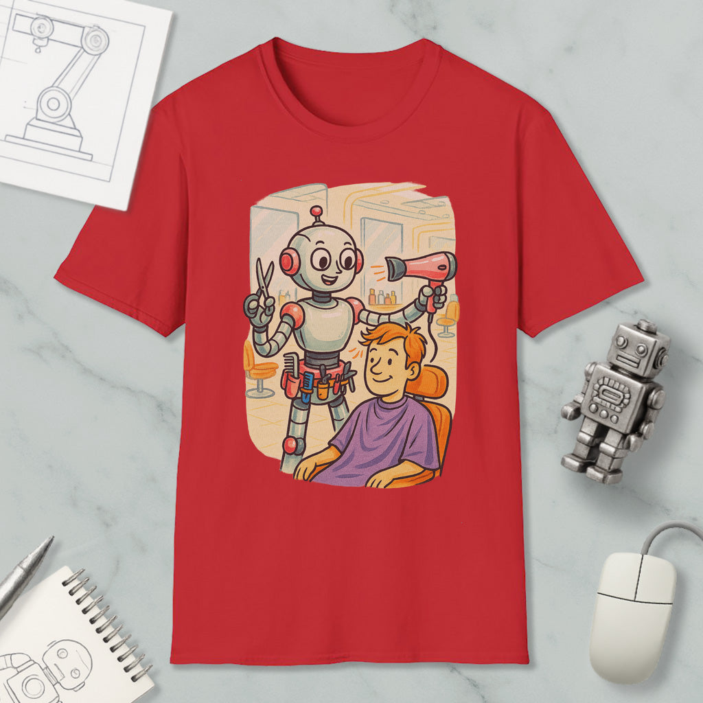 a red t-shirt with a cartoon illustration of a robot giving a haircut to a person.