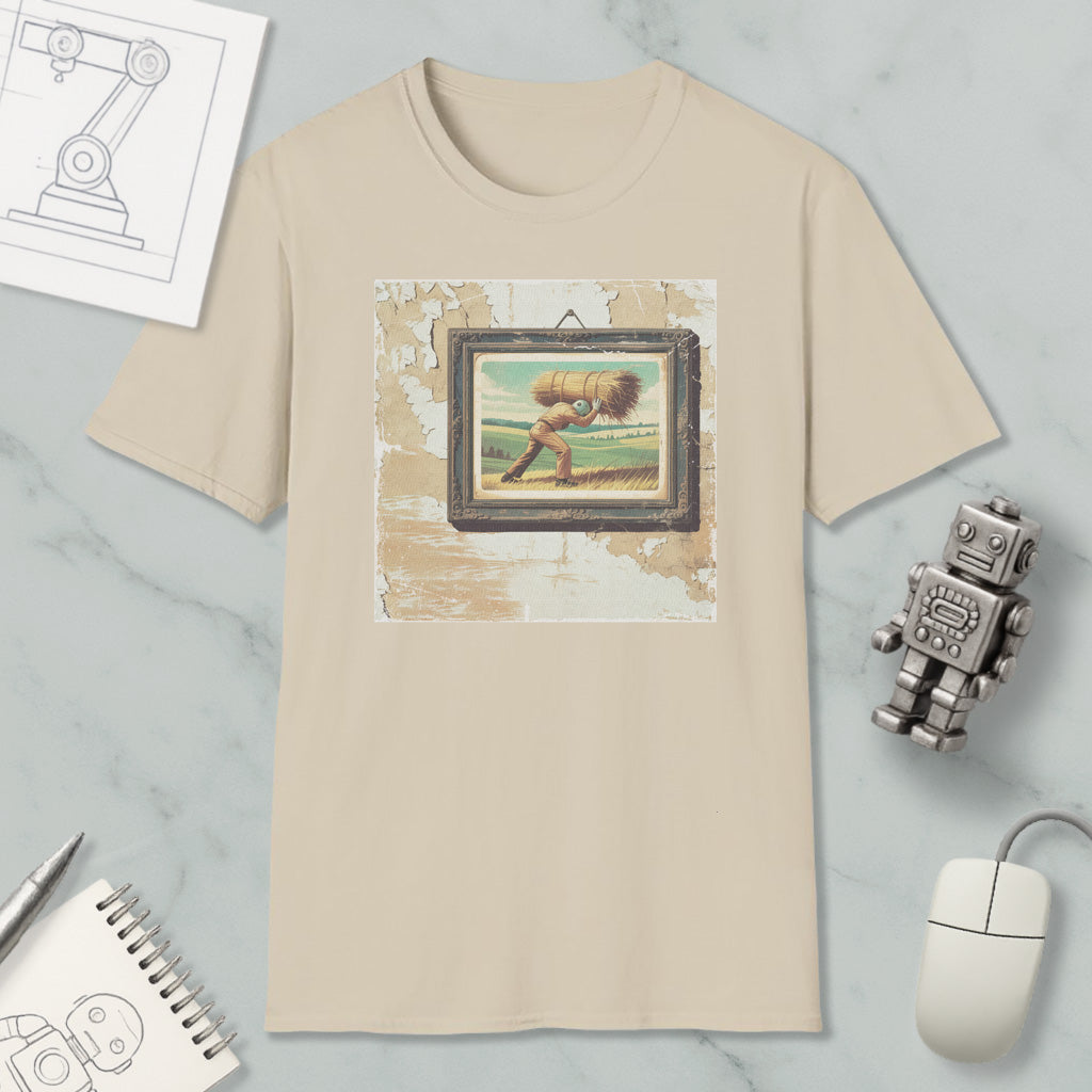 a beige t-shirt with a framed painting of a man carrying a large bundle on his back, surrounded by various objects such as a computer mouse, a robot, and a notebook.