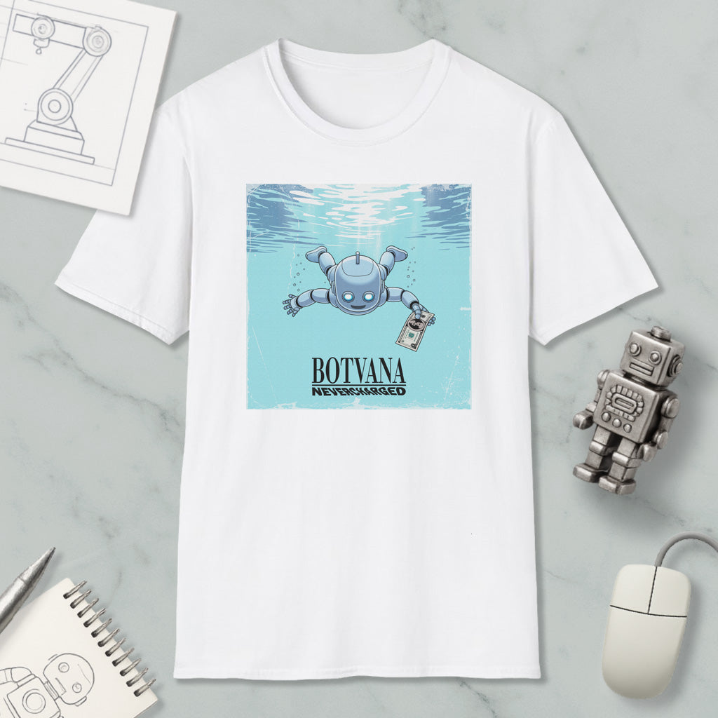 a white t-shirt with a graphic design depicting a robot swimming underwater, accompanied by the text "BOTYANA NOVICAMED".
