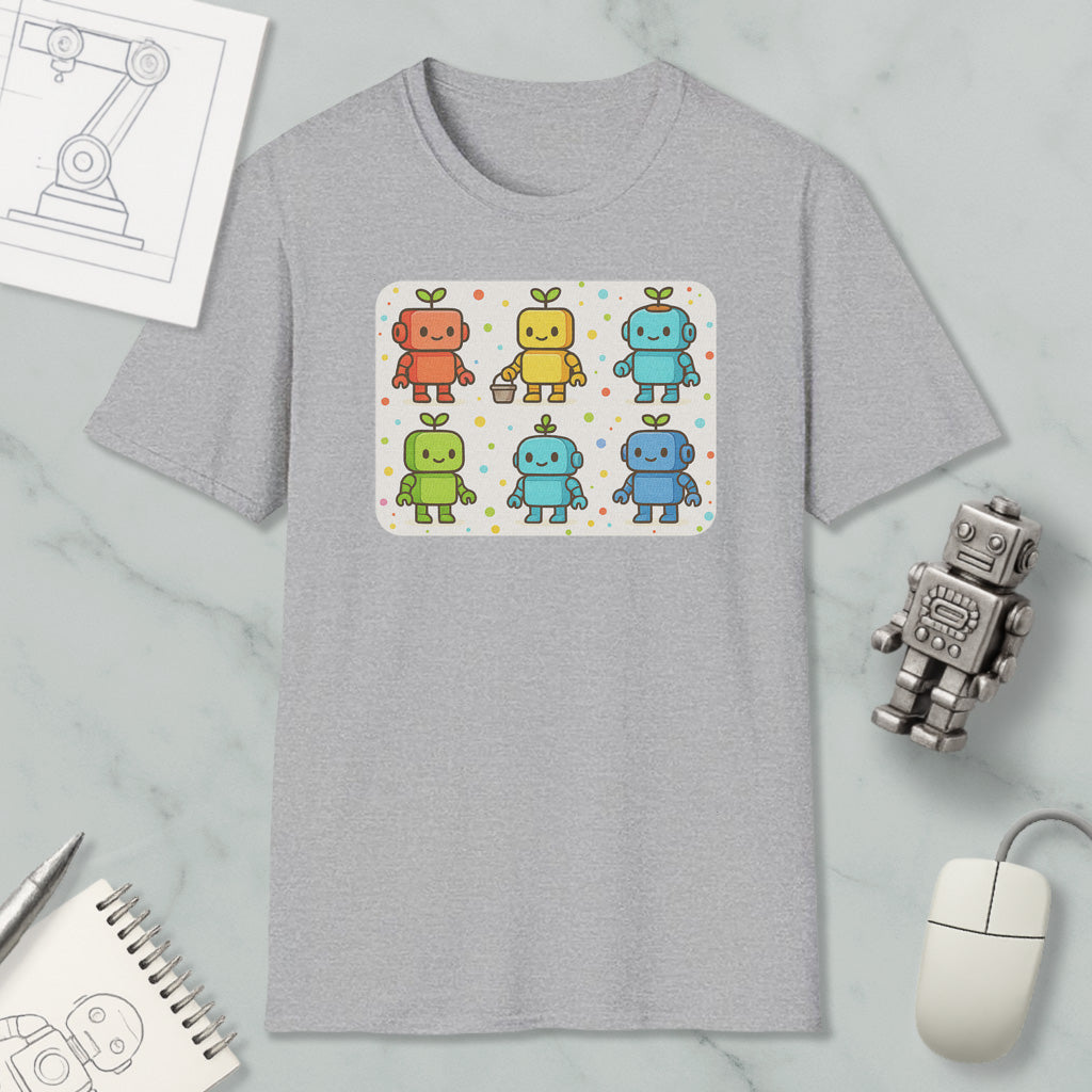 a gray t-shirt with a colorful graphic of six cartoon robots, each with a unique color and design. The t-shirt is displayed on a marble surface, along with a computer mouse, a notepad, and a small robot figurine.