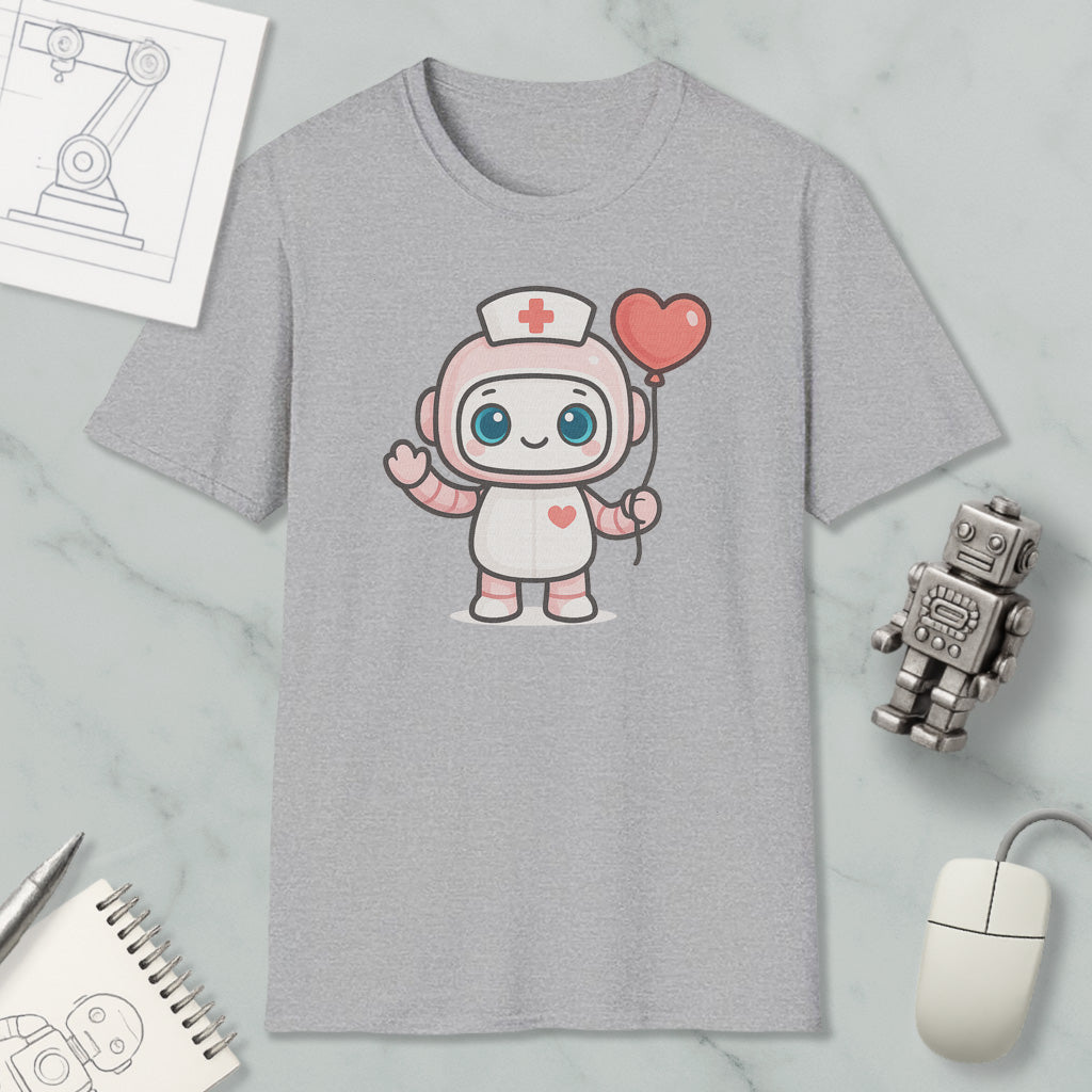a gray t-shirt with a cartoon character wearing a nurse's uniform and holding a heart-shaped balloon. The t-shirt is displayed on a marble surface, along with a computer mouse, a robot, and a notebook.
