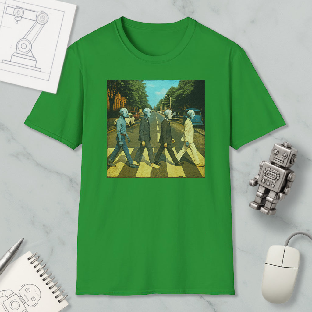 a green t-shirt with a graphic of four people walking on a crosswalk, along with a robot and other objects.