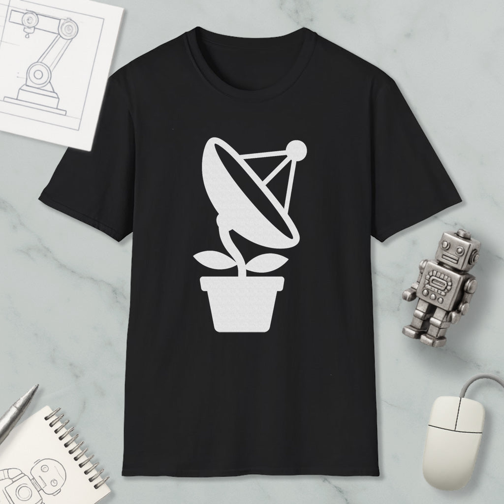 a black t-shirt with a white graphic design of a satellite dish on a plant, along with a small robot and a computer mouse.